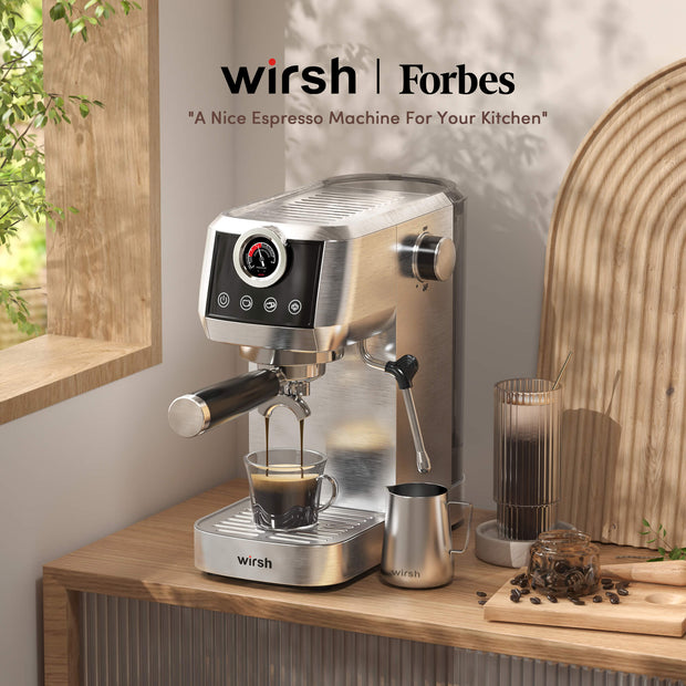Wirsh 20 Bar Espresso Machine with Plastic Free Portafitler and Steamer, Pressure Gauge, Touch Screen, Full Stainless Steel (Home Barista Plus)