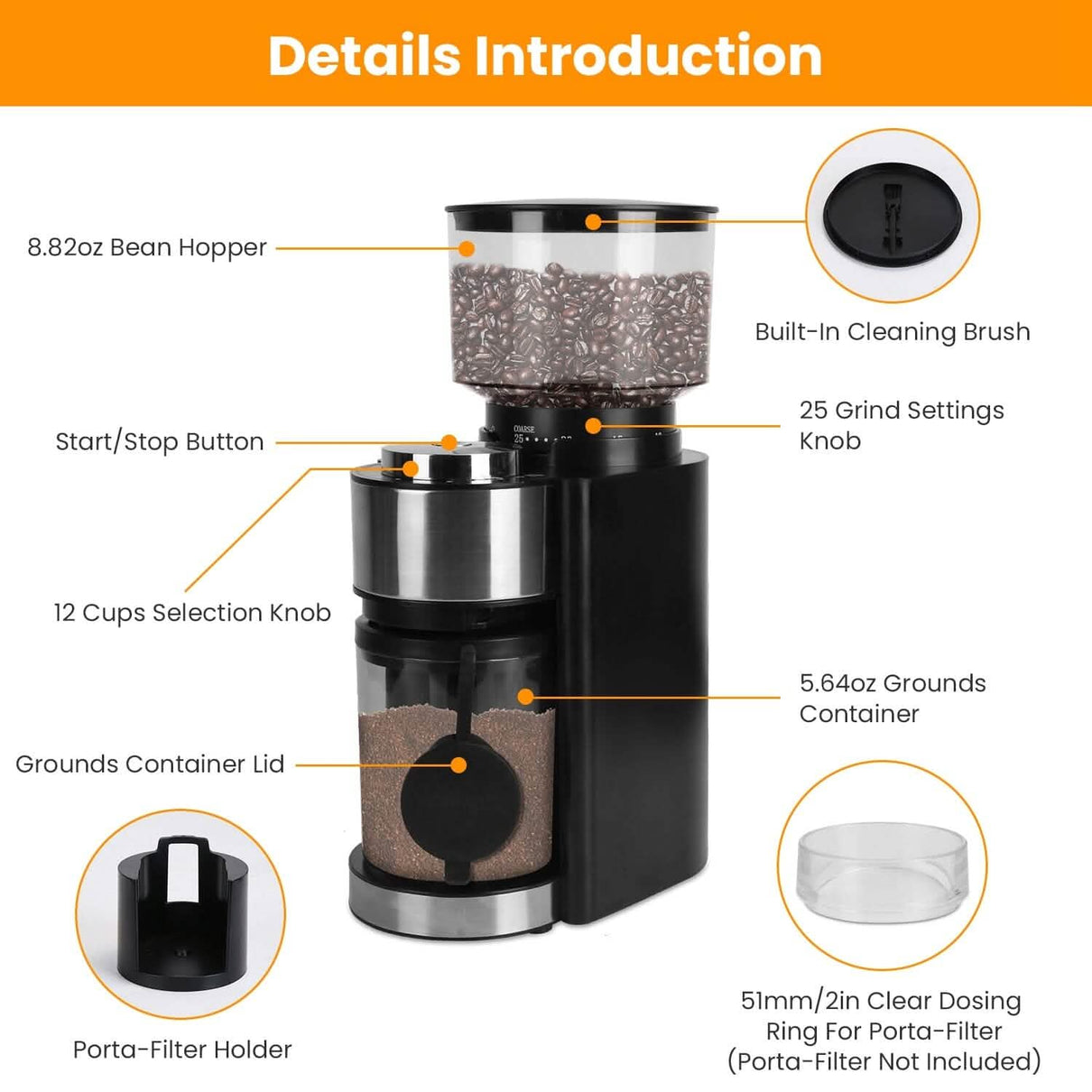 Conical Bur Coffee Bean Electric Grinder with 25 Grind Settings